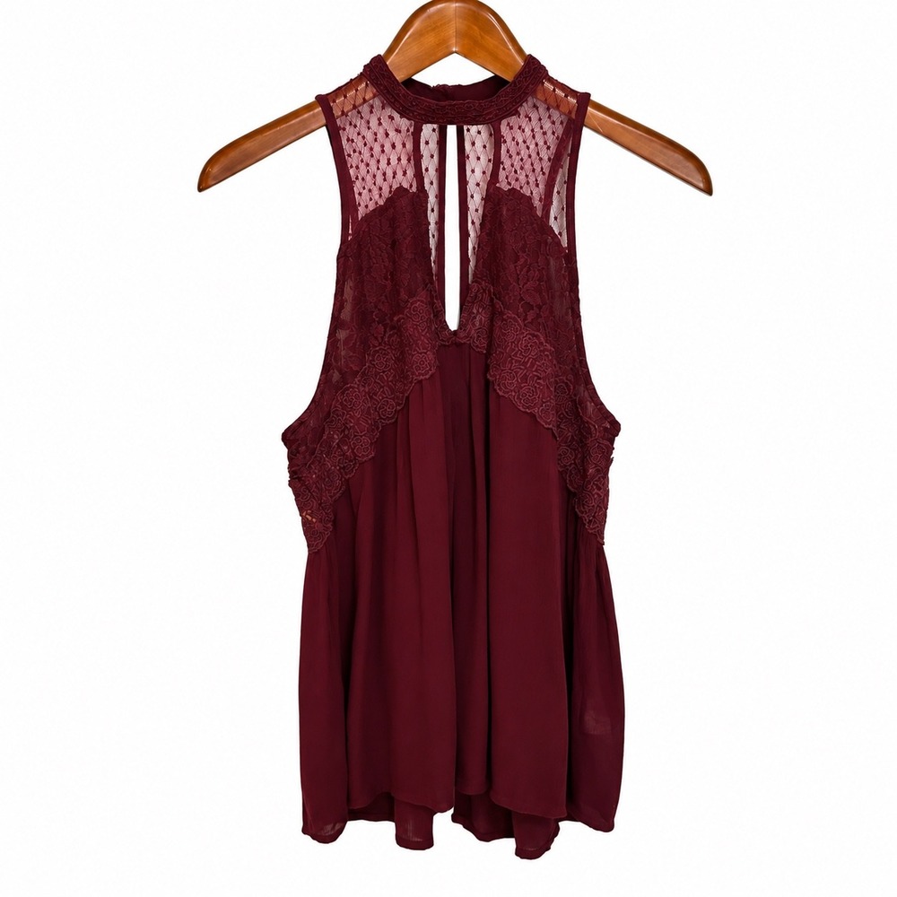 American Eagle Burgundy Lace Keyhole High Neck Sleeveless Top Small